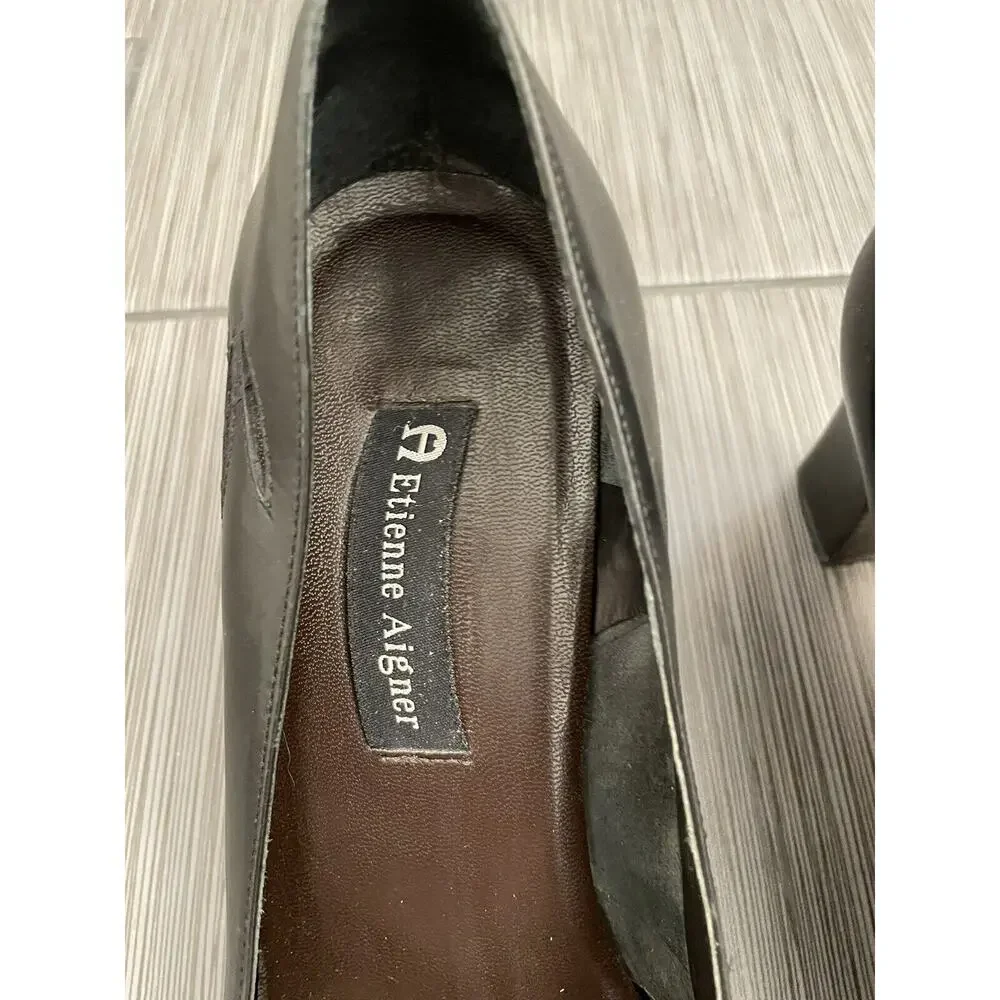 Etienne Aigner Ville Vintage Black Leather Pumps Cutout Design Block Heel 10M - Picture 4 of 16